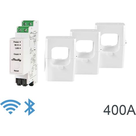 Shelly Pro 3Em 400A - misuratore di consumo di corrente trifase, Wifi, WLAN, Bluetooth, barra DIN, scenari personalizzati, misurazione consumi elettrodomestici, circuiti elettrici, assistente vocale