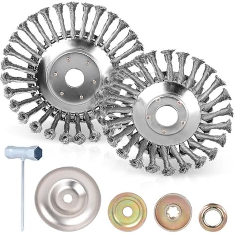 têtes de débroussailleuse de 150 mm et 200 mm de diamètre, diamètre de perçage universel de 24,5 mm, pour une élimination efficace des mauvaises herbes et de la mousse.