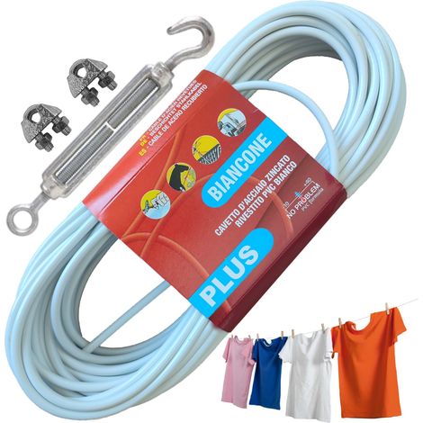 Corde à linge pour extérieur 10 m x Ø4,5 mm Corde à linge très résistante pour utilisation extérieure en acier enduit fabriquée en Italie Câble + kit, 10 m (1/5)
