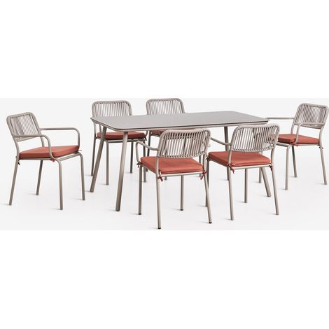 SKLUM Rechteckiger Gartentisch-Set 160x90 cm mit 6 stapelbaren Stühlen aus geflochtener Seil Arhiza Mokka-Braun – Terrakotta (1/5)
