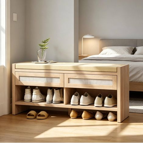 Banc à chaussures 108x35x50 cm en MDF et rotin PE, brun clair, avec rangement pour entrée FloraGrace (1/5)