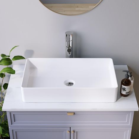 AQUABATOS Aufsatzwaschbecken Waschbecken Keramik Waschtisch Handwaschbecken, Ohne Hahnloch, Ohne Überlauf, Ohne wasserhahn, Ohne ablaufventil, Weiß, Eckig 605 x 345 x 115 mm (1/5)