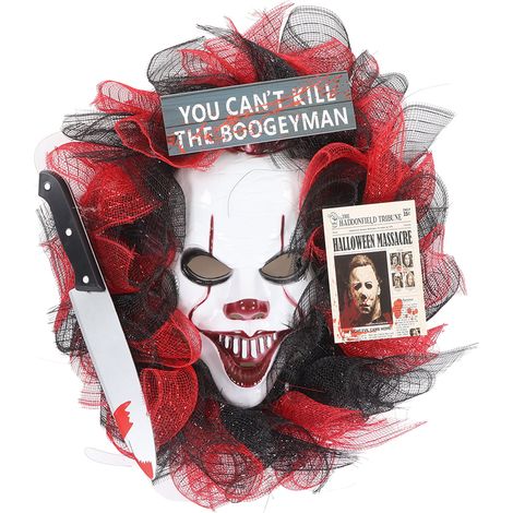 Couronne de porte Halloween 49cm, décoration réutilisable grimace terrifiante pour maison, style hanté (1/5)