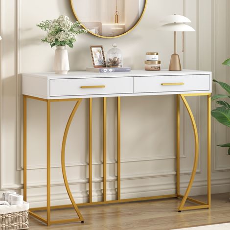 Consola de entrada con 2 cajones, MDF y metal, 110 x 32 x 85 cm, blanco y dorado DESVIAE (1/5)