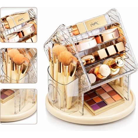 Organisateur de Maquillage Rotatif 360 Degres avec 3 Tiroirs PET Transparent 17.2 x 17.2 x 18.2 cm (1/5)