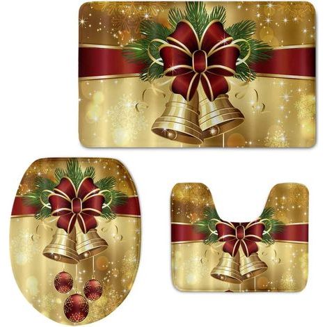 Ensemble de tapis de salle de bain joyeux noël, avec tapis/contour/couvercle, paillasson doux avec nœud de noël, décoration d'intérieur, doré (3 pièces) (1/5)