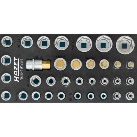Jeu de douilles mâles / douilles 163-491/34 ∙ Carré creux 12,5 mm (1/2 pouce) ∙ Profil TX extérieur, Profil Traction à 6 pans extérieurs, Profil à 6 pans intérieurs ∙ Nombre d'outils : 34 HAZET (1/4)