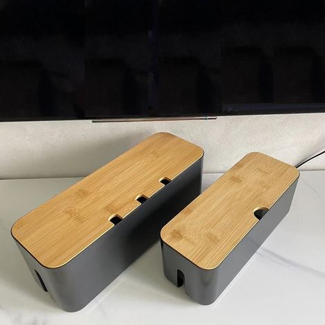 Set of 2 cable storage boxes. Hides and conceals power strips and cables from TVs, computers and desks (black, 2 pieces). (1/5)