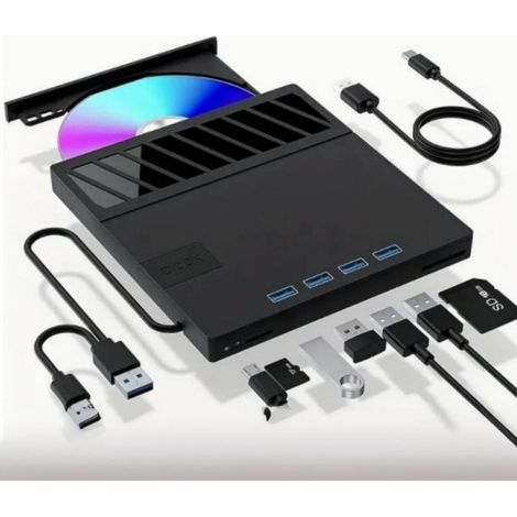Lecteur Optique Externe - Graveur CD DVD BD - USB 3.0 + Type-C + 4 Ports USB + Slot SD TF - Pour PC Portable et Bureau - Compatible Windows et macOS - 1 Pièce