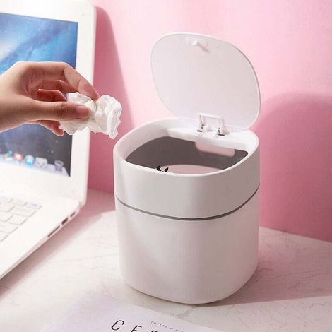 Mini-Büromülleimer – Büroabfalleimer – Kreativer Kunststoffmülleimer mit Druckknopfdeckel – Kleiner Mülleimer für Büro, Bad und Küche