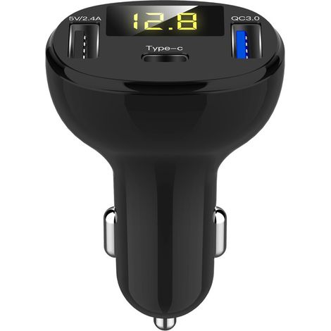 New car charger with digital display, QC3.0 fast charging, Type-C multi-functional car cigarette lighter adapter (one to two) - Black (1/3)