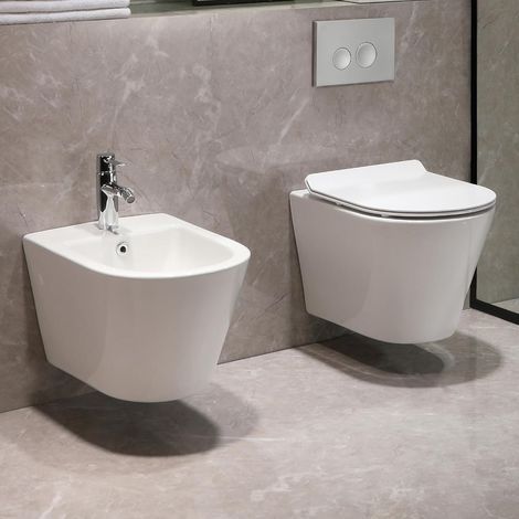 Coppia di Sanitari a Terra Senza Brida con scarico Rimless , wc , Bidet e Coprivaso soft-close , Fissaggi e curva tecnica inclusa (1/5)