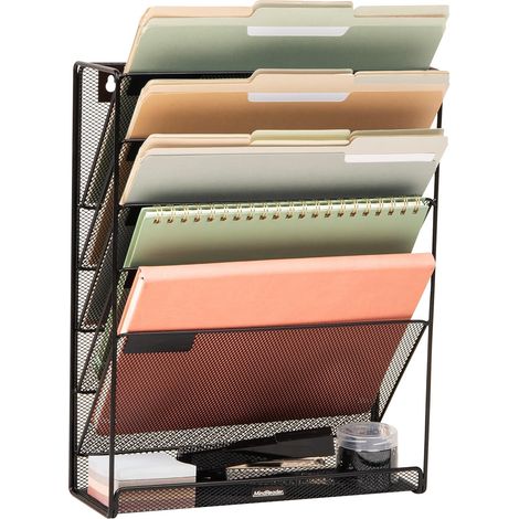 Rangement vertical de fichiers à 5 niveaux, organiseur de bureau, support mural, bureau, maille métallique, 32,75 (L) x 10,2 cm (l) x 40,6 cm (H), noir (1/5)