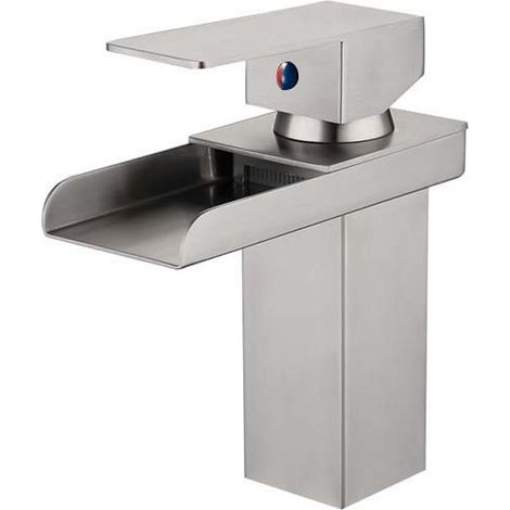 Silver Matte Black Waterfall Bathroom Faucet, Brass Sink Mixer Tap with Cold & Hot Water Available, (1/5)
