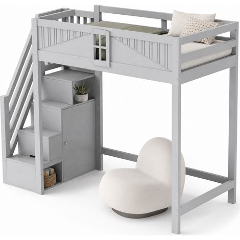 Lit mezzanine 90 x 200 cm avec escalier latéral réversible, rangement intégré, sécurité renforcée et coin bureau sous le lit, gris - CHICFURN (1/5)