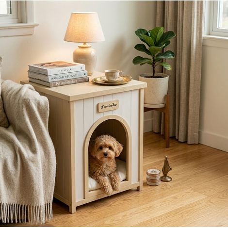 Cuccia per cani in legno con tavolino, 53 x 51,6 x 60 cm, bianco OKMYHOME (1/5)