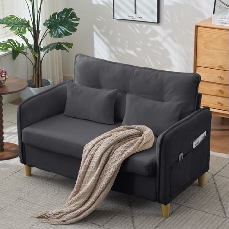 Divano 2 posti 127 cm grigio scuro in tessuto chenille con tasche laterali e cuscini inclusi (1/5)