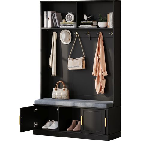 Mueble de Entrada con 6 Ganchos, Banco Zapatero y Estante Abierto, Estilo Moderno, en Tablero de Partículas, Negro, 120×40×191 cm (1/5)