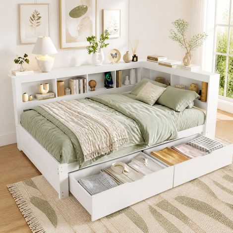 Sofá cama 140x200 cm de madera blanca, con almacenaje para dormitorio, sin colchón -FLORAGRACE (1/5)