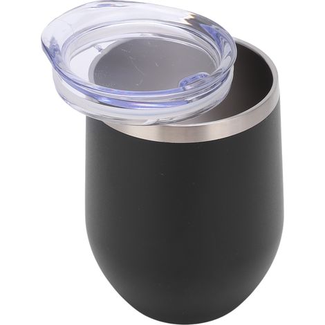 Verre à vin sans pied en acier inoxydable 340 ml, double paroi isolante sous vide avec couvercle, idéal pour le café, les cocktails et les glaces, noir. (1/5)