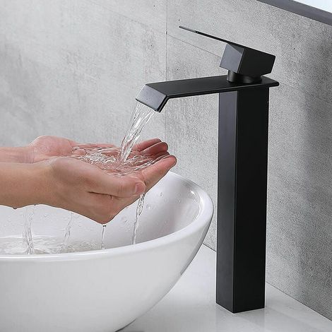 Robinet cascade noir avec bec haut et robinet de lavabo monotrou haut avec refroidissement en cuivre à levier unique et robinet d'eau chaude pour salle de bain Mitigeur de lavabo (1/5)