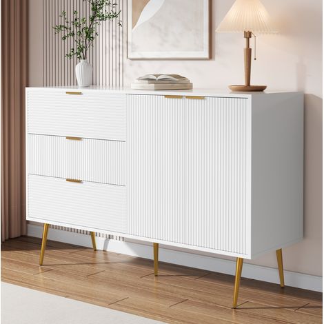 Credenza bianca da soggiorno con ante e 3 cassetti, gambe e maniglie dorate, mobile contenitore (1/5)