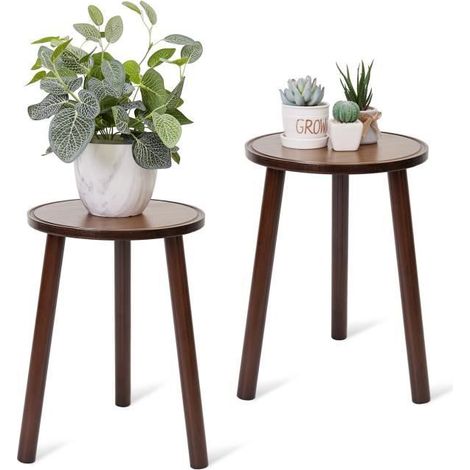 Unho – Lot de 2 porte-plantes en bambou – Table d’appoint scandinave 42cm – Support pour pots jusqu’à 28cm – Capacité 70kg (1/4)