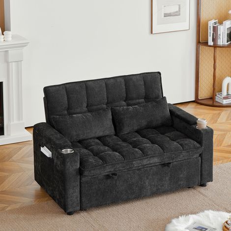 Canapé convertible 3 en 1 142 cm - Canapé-lit avec fonction détente, coussins effet nuage, rangement intégré, porte-gobelets et coussins lombaires - Chenille Noir (1/5)