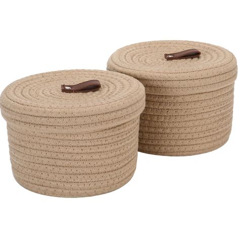 Lot 2 paniers rangement coton rond 2L couvercle kaki (1/5)