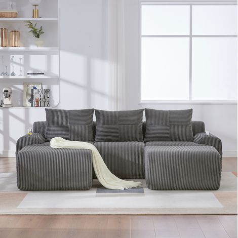 Sofá modular de pana gris oscuro 268x174x66 cm con portavasos integrado y bolsillo lateral (1/5)