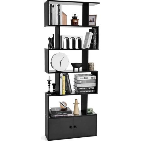 COSTWAY Libreria in Legno, Scaffale Multifunzionale con 5 Ripiani, per Ufficio,Casa, Ripiano a Forma di S, 70 x 23 x 183 cm (Nero) (1/5)