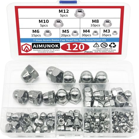 120 Pièces Écrous Borgnes en Acier Inoxydable, Écrous Blocages Hexagonaux à Tête Kit, M3 M4 M5 M6 M8 M10 M12 Assortiment d'écrous Tête Hexagonaux (1/5)