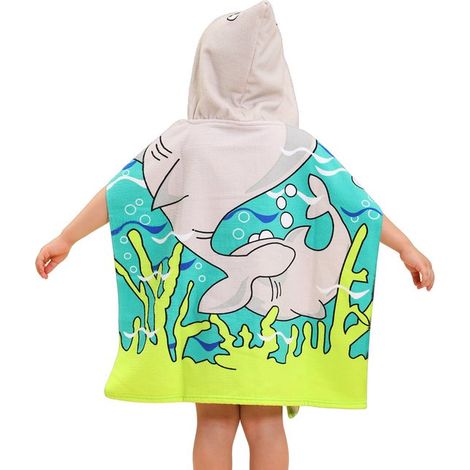 Toalla de baño infantil con capucha y estampado de tiburones de dibujos animados, de 60 x 60 cm, absorbente y de secado rápido, capa o poncho (1/4)