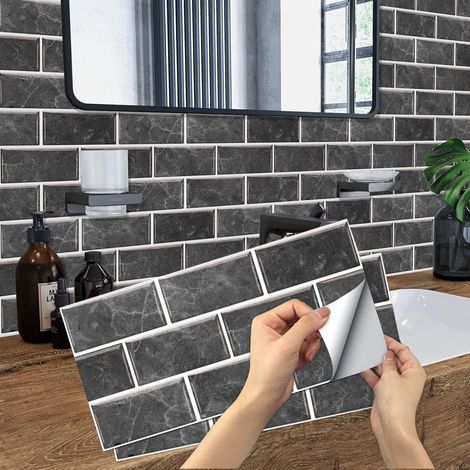 Lot de 6 autocollants pour carrelage 3D style vintage 15x30 cm noirs étanches faciles à poser pour cuisine et salle de bain (1/5)