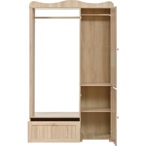 Kleiderschrank mit 2 Türen und 1 Schublade, Spiegeltür und Offene Kleiderstange, Modern, aus MDF, 115,5×38,5×194,5 cm, Eiche (1/5)