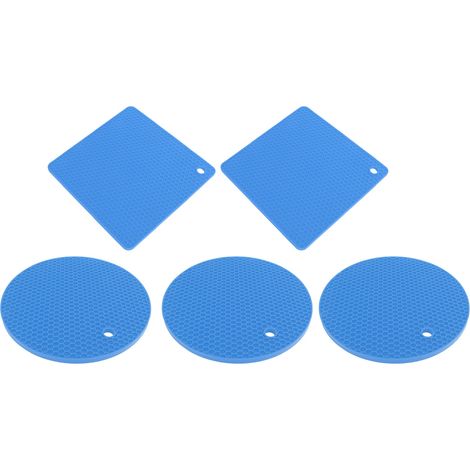 Set de 5 dessous de plat en silicone antidérapant, carrés et ronds, résistants à la chaleur, alvéolés, pour plats, casseroles et poêles, bleu (1/5)