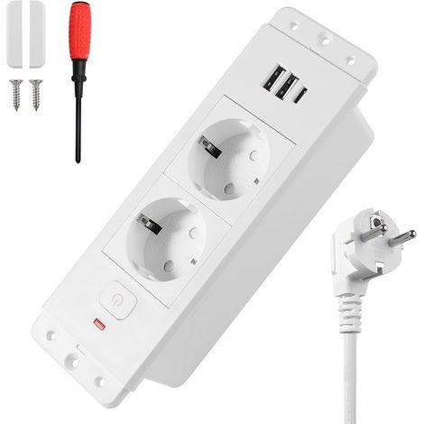 Prise Encastrable-Bureau avec Interrupteur USB A et Type C PD20W Pris-Encastrable Plan de Travail-Pris-e Multiprise-Encastra-ble de Table avec 1,7M Cable pour Cuisine Bureau Meubles-Blanc (1/5)