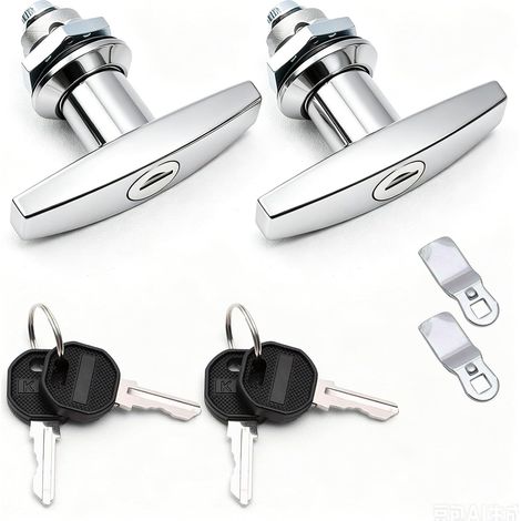 2 Pièces Serrure Placard en Forme de T, Verrou de Coffret Électrique avec Poignée, Serrure Caravane avec Clé, Argenté Verrouillage pour Armoire Métallique, pour Armoires, Tiroirs, Camping-Cars (1/5)