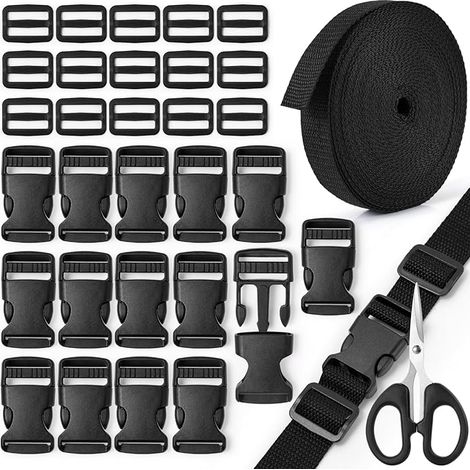 10 m Nylon-Gurtband (20 mm, 25 mm, 32 mm) mit 15 Kunststoff-Schnallenclips und 15 Tri-Glide-Kunststoffschiebern, Kunststoff-Schnallenclip-Verschlüsse für Gurtbänder, verstellbare Schnallenclips für Ru