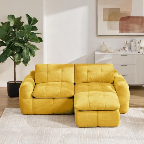 Sofa d'angle modulaire jaune en tissu chenille avec pouf (1/5)