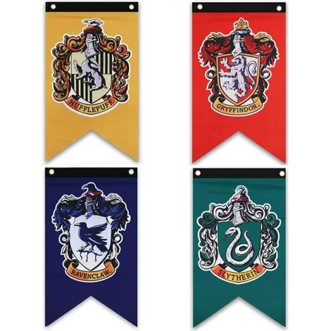 Bannière Harry Potter double face avec écussons Gryffondor, Serpentard, Poufsouffle et Serdaigle, décoration murale de fête (1/4)