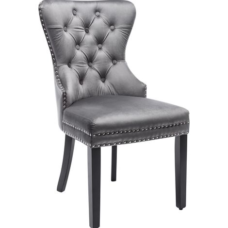 Lot de 6 chaises de salle à manger en velours gris avec pieds en bois d'eucalyptus, détails clous et anneau en chrome (1/5)