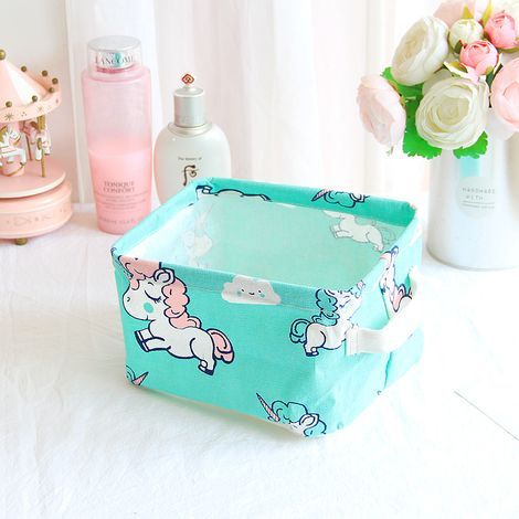 Caja de almacenamiento de lona con diseño de dibujos animados y revestimiento impermeable, caja de almacenamiento de escritorio con diseño de unicornio (azul) (1/5)