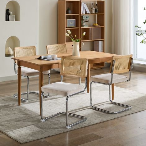 Lot de 4 Chaises Moyen Siècle – Velours et Cannage Doré – Dossier en rotin naturel, piètement chromé, pour salle à manger - Beige