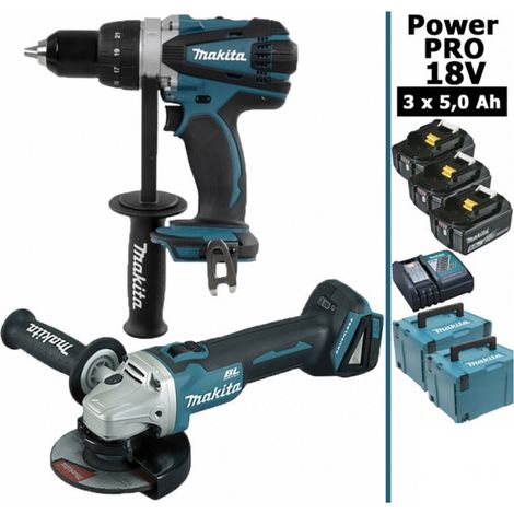 Pack Power PRO 18V: Perceuse 91Nm DDF458 + Meuleuse 125mm DGA504 + 3 batt 5Ah + 2 Coffrets Makpac MAKITA (1/5)