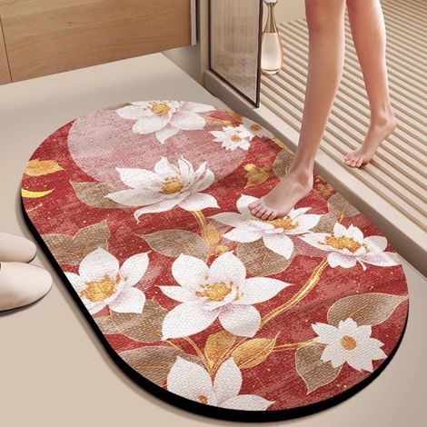 Tapis de bain en terre de diatomée luxueux – Forme ovale irrégulière, absorption rapide, antidérapant et résistant à la saleté & l’usure – Design 3D floral romantique (40 × 60 cm)-lsw