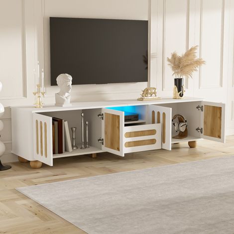 Mobile TV 180x40x47cm, mobile multifunzionale con angoli arrotondati, con 4 ante e 1 cassetto, LED, gambe sferiche, MDF e truciolare, bianco (1/5)