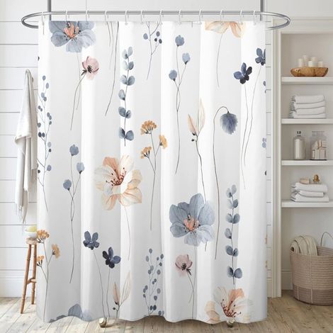 Ensembles de rideaux de douche à fleurs aquarelles, rideaux de salle de bain à fleurs beiges bleus, rideau de bain blanc minimaliste moderne, tissu imperméable 72x72 pouces (1/5)
