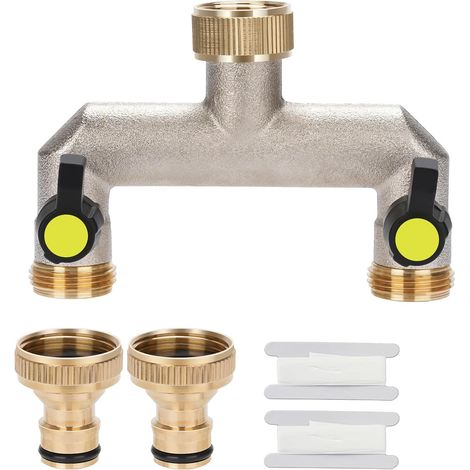 3/4" 2-Wege-Wasserhahn zum Anschluss von 2 Geräten, 2-Wege-Verteiler für Bewässerungssysteme, einstellbarer und arretierbarer Wasserdurchfluss mit 2-Anschluss-Adapter (Gelb)