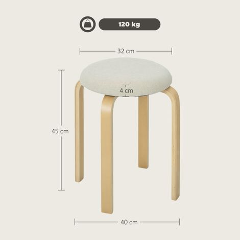 Lot de 4 tabourets de bar ronds empilables, assise en lin effet tissu, rembourrés pour salle à manger, séjour et cuisine, blanc cassé (1/5)